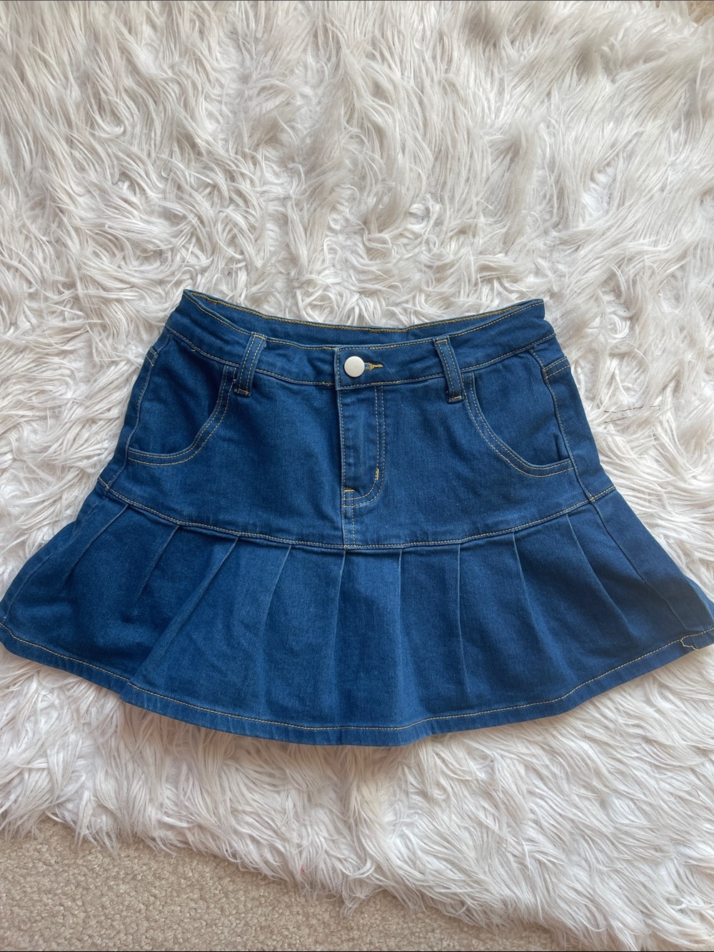 Cider Dark Blue Denim Pleated Mini Skirt